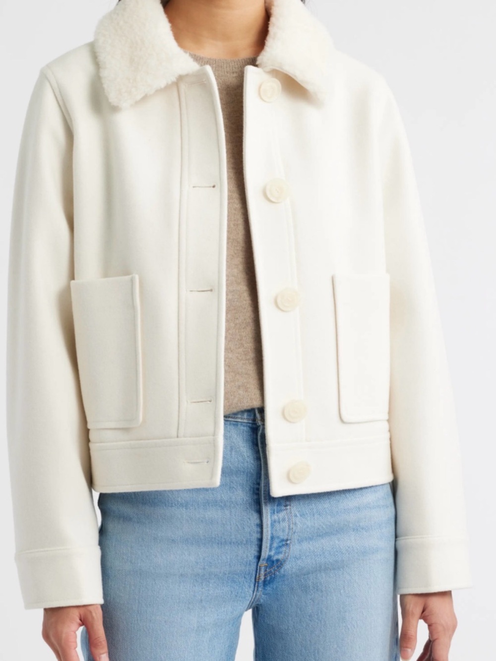 NWT Sam Edelman White Faux Fur Shearling Collar Trim Short Jacket Cream M